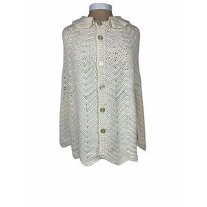 Vintage Handmade Crochet Knit Ivory Boho Poncho Button Down Ladies MED Hippie 70